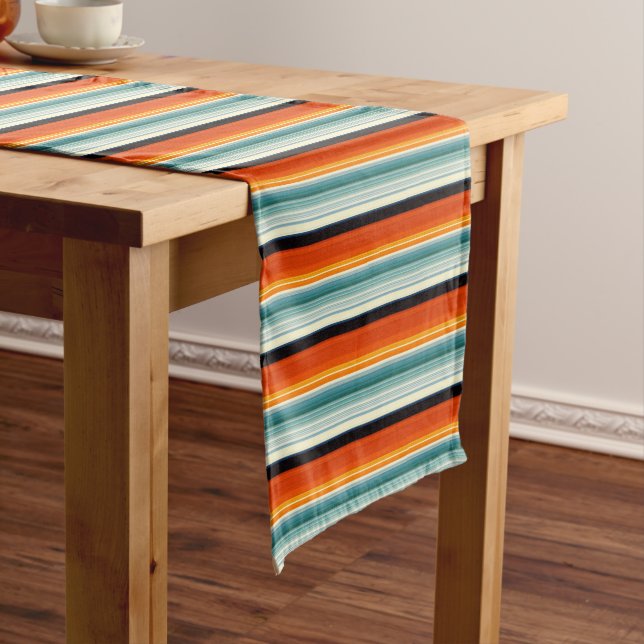 Orange Teal Striped Short Table Runner (In Situ)