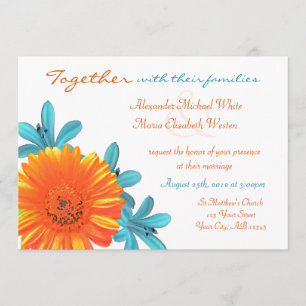 Orange & Teal Summer Flower Wedding Invitations