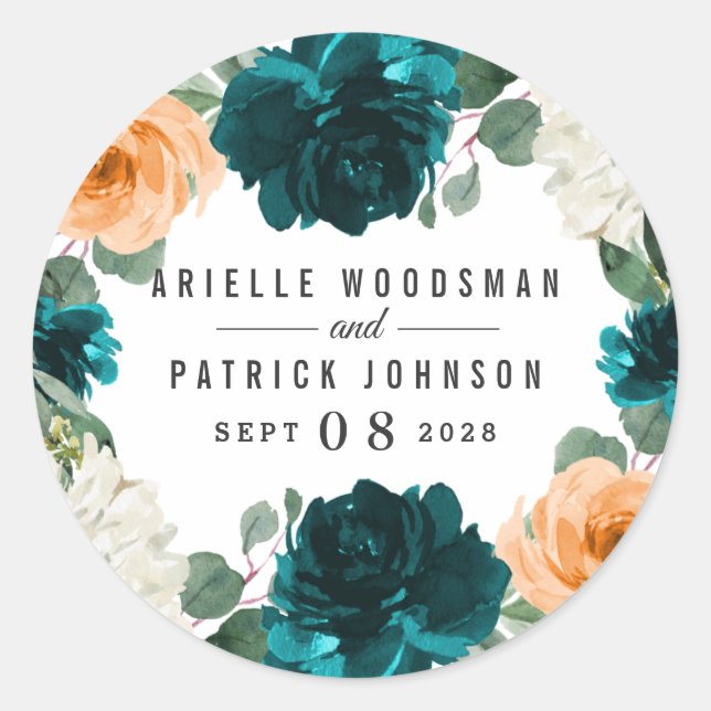 Orange Teal Turquoise Blue Elegant Floral Wedding Classic Round Sticker (Front)