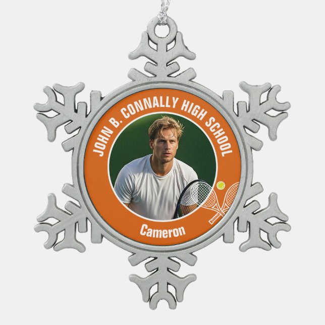 Orange Tennis Player Photo High School Snowflake Pewter Christmas Ornament (Front)