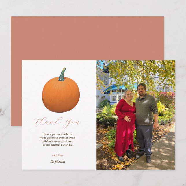 Orange Teracotta Autumn Pumpkin Baby Shower Photo Thank You Card (Front/Back)
