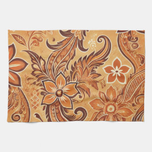 Orange Terracotta Batik Floral Boho Rustic Tea Towel