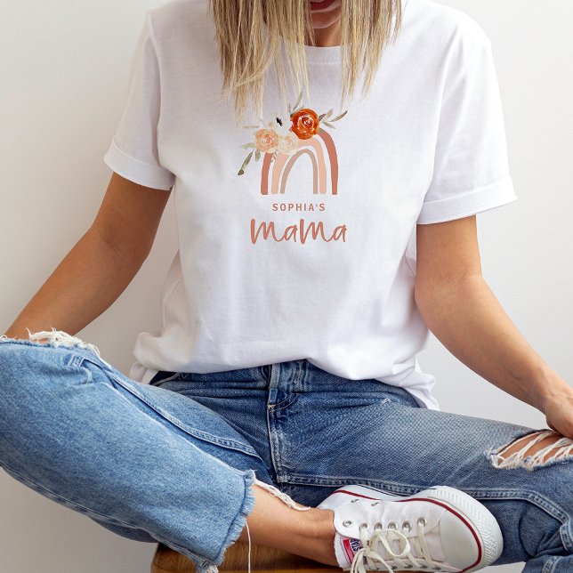 Orange Terracotta Boho | Mama Rainbow T-Shirt (A cute boho shirt for the mama to be, with a terracotta rainbow and flowers)