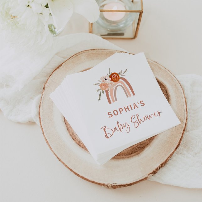 Orange Terracotta Boho | Rainbow Baby Shower Napkin (Cute boho baby shower napkins, with a neutral terracotta rainbow and flowers)