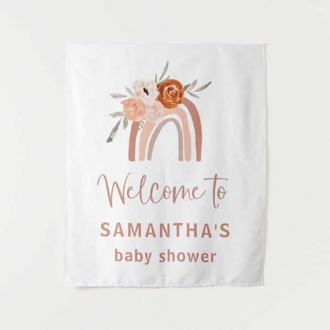 Orange Terracotta Boho Rainbow Baby Shower Welcome Tapestry (Front)