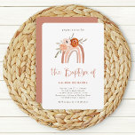 Orange Terracotta Boho | Rainbow Baptism Invitation<br><div class="desc">These adorable Baptism invitations feature trendy boho style and trendy handwritten script. A terracotta and neutral cute painted rainbow is decorated with orange and peach watercolor flowers on a simple white background.</div>
