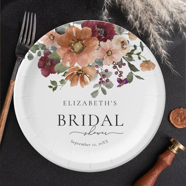 Orange Terracotta Burgundy Floral Bridal Shower Paper Plate (Creator Uploaded)