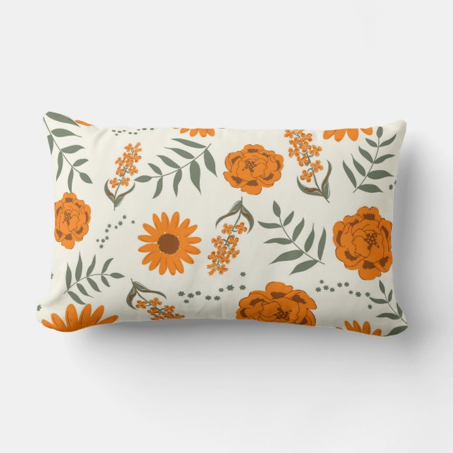 Orange Terracotta Floral Boho Botanical Lumbar Cushion (Front)