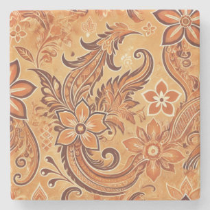 Orange Terracotta Floral Boho Watercolor Batik Stone Coaster