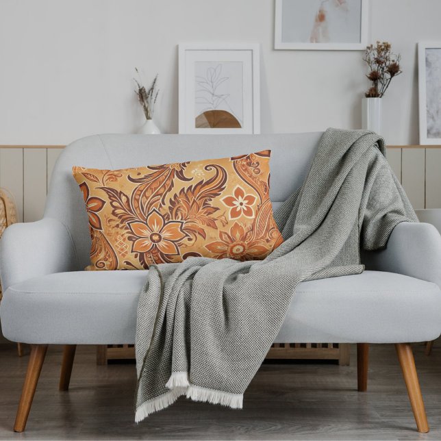 Orange Terracotta Indonesian Batik Floral Pattern Lumbar Cushion (Creator Uploaded)