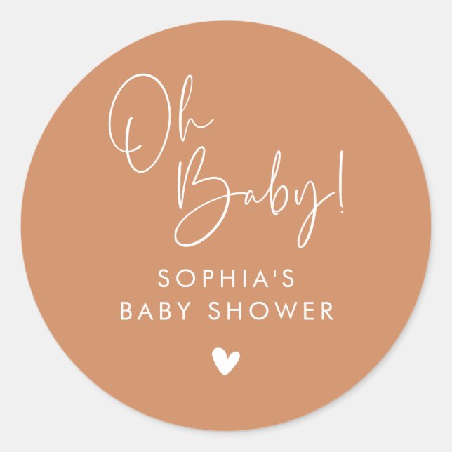 Orange Terracotta Oh Baby Modern Boho Baby Shower Classic Round Sticker (Front)