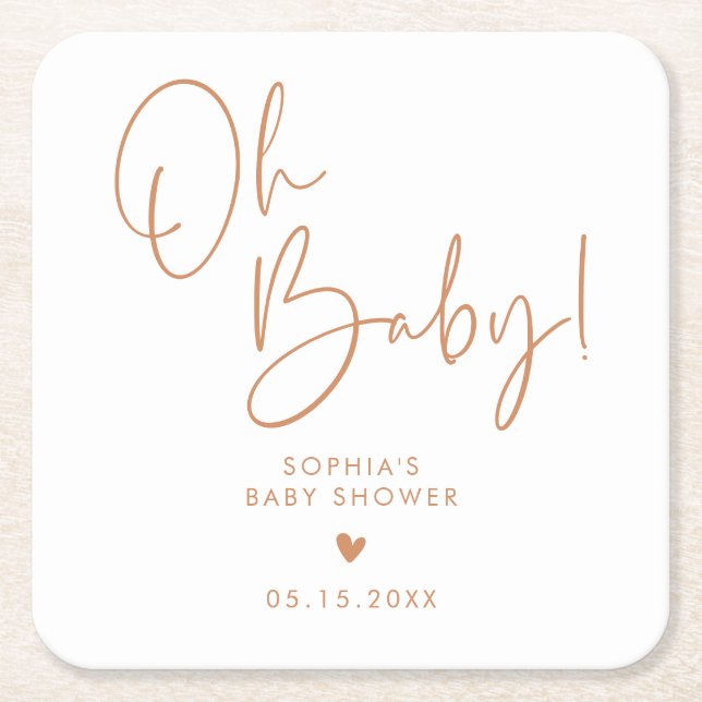 Orange Terracotta Oh Baby Modern Boho Baby Shower Square Paper Coaster (Front)