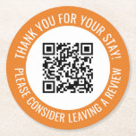 Orange Thank You Scan Me Promotional QR Code Round Paper Coaster<br><div class="desc">Promotional small business QR code coasters with an orange border and your own QR code and custom text in a curve around your QR code. Thank you for your stay promo button personalised with your QR code and custom text.</div>