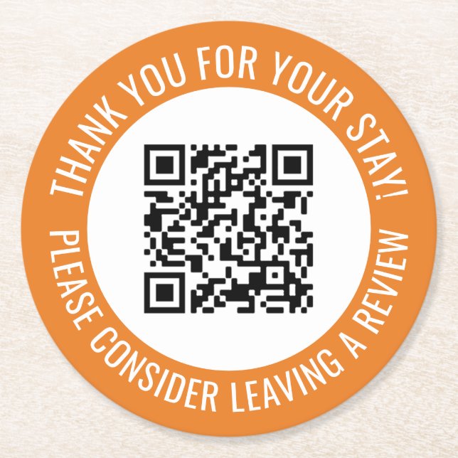 Orange Thank You Scan Me Promotional QR Code Round Paper Coaster (Front)