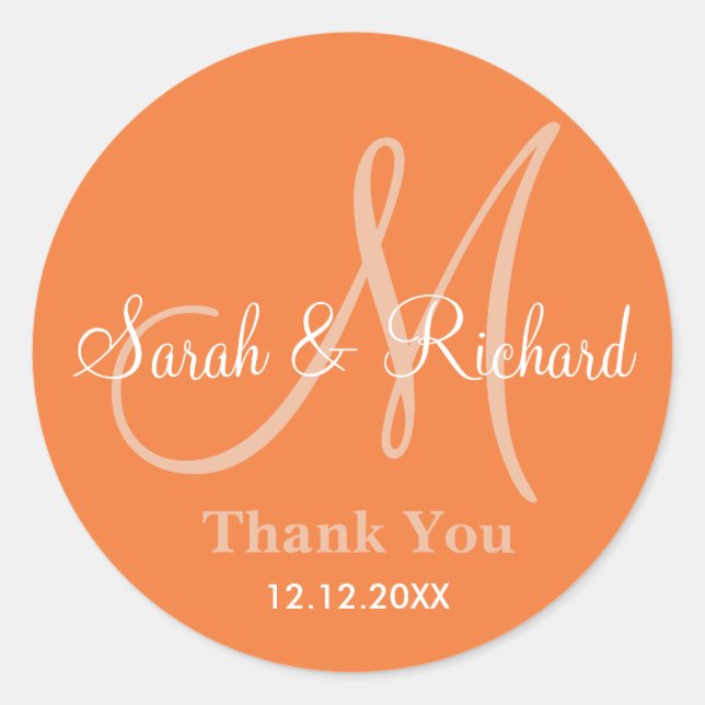 Orange Thank You Wedding Monogram Sticker (Front)
