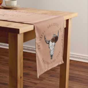 Orange Thanksgiving Gratitude Cow Skull and Roses Long Table Runner