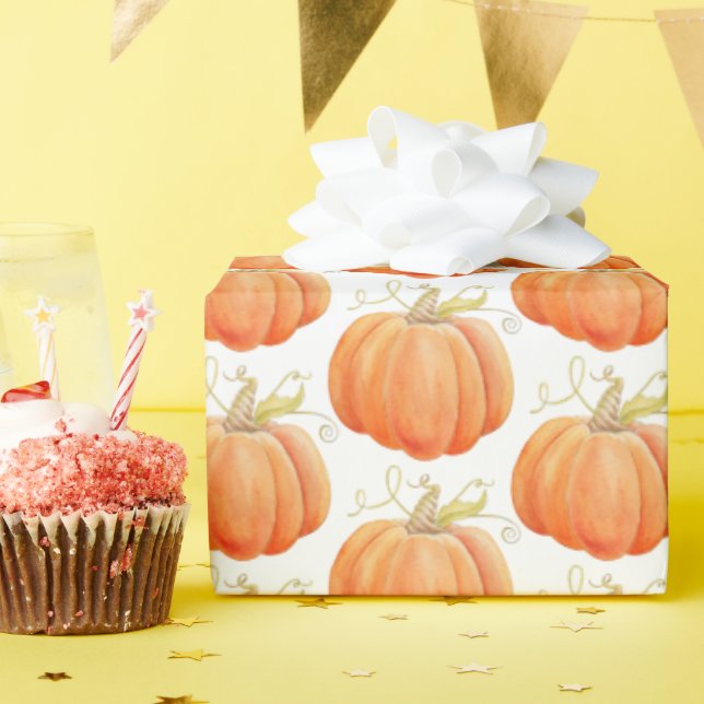 Orange thanksgiving pumpkin watercolor patterned wrapping paper (Birthday Party)