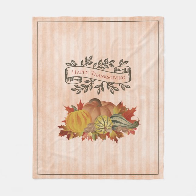 Orange Thanksgiving Pumpkins and Squash Fleece Blanket (Front)