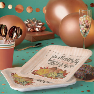 Orange Thanksgiving Pumpkins and Squash Paper Plate