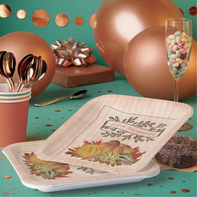 Orange Thanksgiving Pumpkins and Squash Paper Plate (Multi)