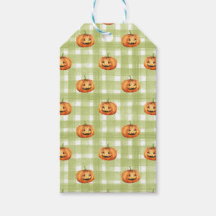ORANGE THANKSGIVING PUMPKINS GREEN WHITE PLAID GIFT TAGS