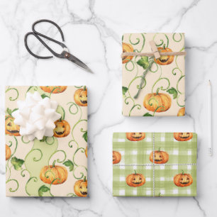 ORANGE THANKSGIVING PUMPKINS WITH GREEN LEAVES WRAPPING PAPER SHEET