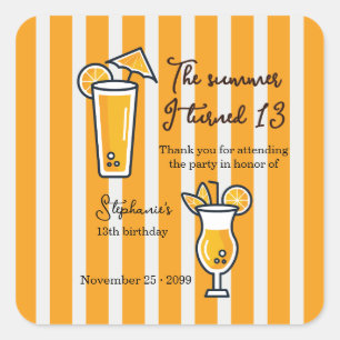 Orange The Summer I Turned 13 Mocktail Birthday Square Sticker
