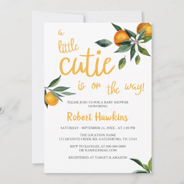 Orange Themed A Little Cutie Baby Shower Invitation (Front)