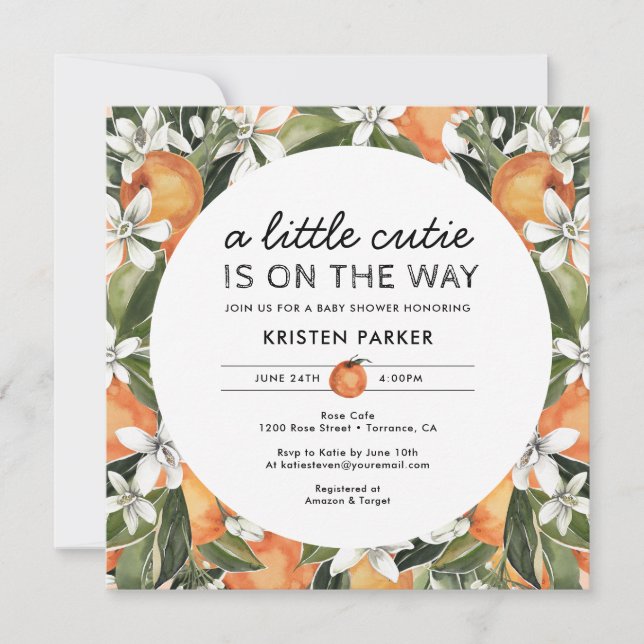 Orange Themed Little Cutie Baby Shower Square Invitation (Front)