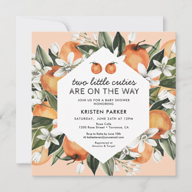 Orange Themed Two Little Cuties Twin Baby Shower Invitation (Front)