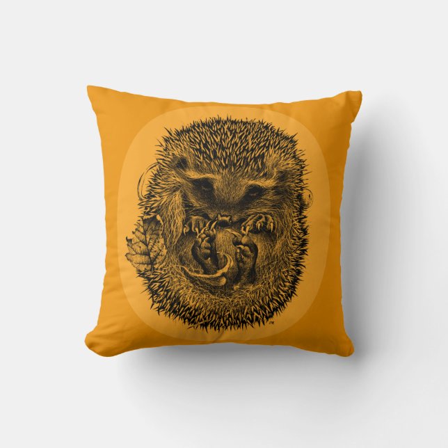 Orange Throw cushion with sleeping hedgehog (Front)