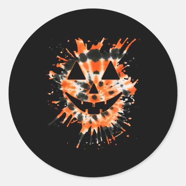 Orange Tie Dye Jack O Lantern Face - Hipe Hallowee Classic Round Sticker (Front)