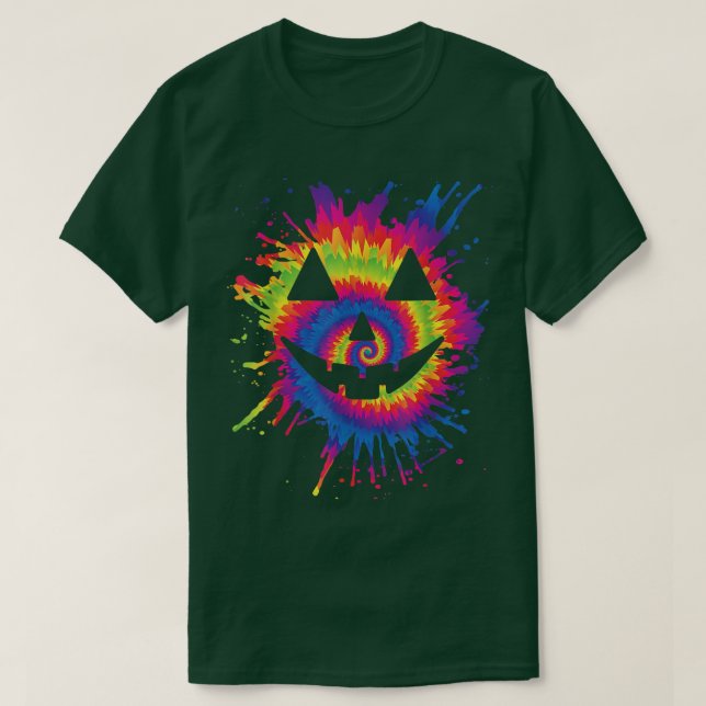 Orange Tie Dye Jack O Lantern Face Hippie Hallowee T-Shirt (Design Front)