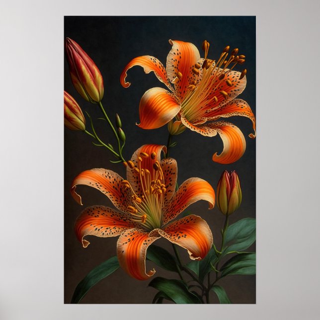 Orange Tiger Lilies Flower Art Print Poster (Front)