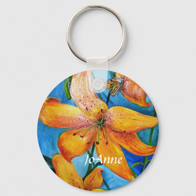 Orange Tiger Lily Floral Personalised Key Ring (Front)