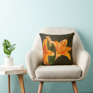 Orange Tiger Lily Flowers and Buds Close-Up Cushion
