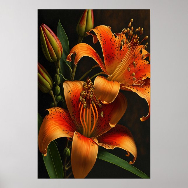 Orange Tiger Lily Flowers Art Print Poster (Front)