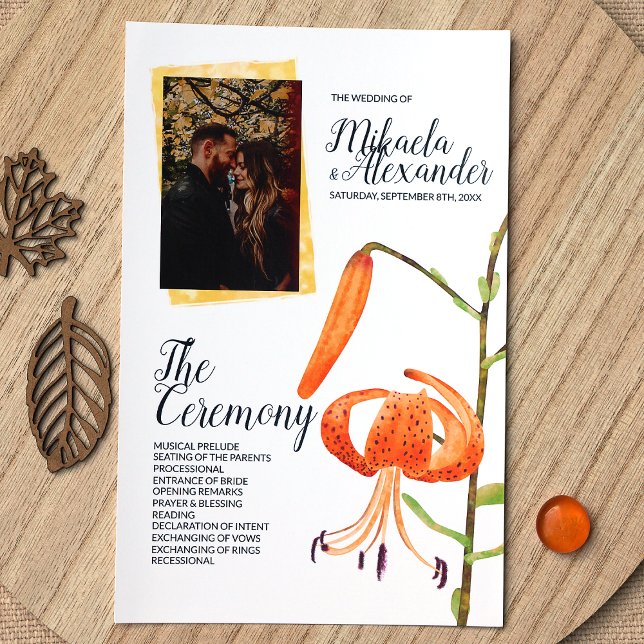 Orange Tiger Lily Wedding Ceremony Program (Orange Tiger Lily Wedding Ceremony Program for a Fall Wedding)