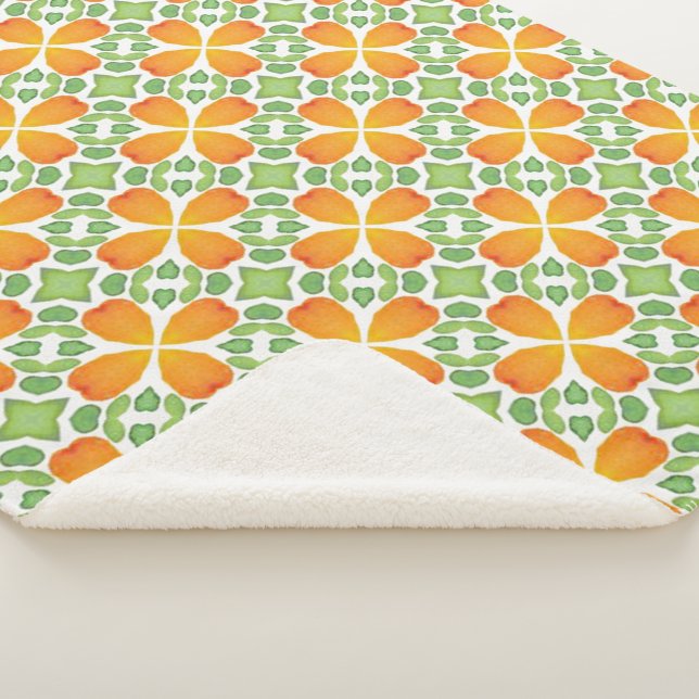 Orange tiled floral flower pattern sherpa blanket (3/4)