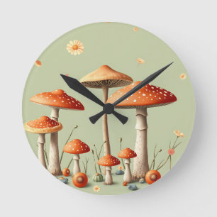 Orange Toadstool Border Light Green Cottagecore Round Clock