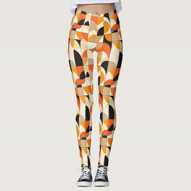 Orange-toned Retro Geometric Abstract Leggings (Front)