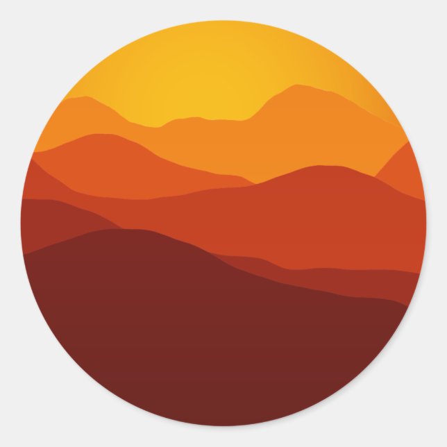 Orange Tones Sunset over Mountain Silhouettes Classic Round Sticker (Front)