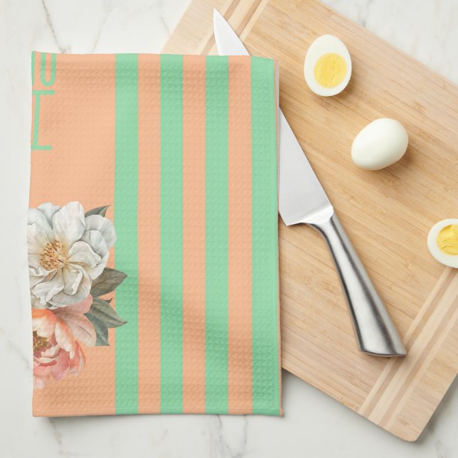 Orange Top with Mint Stripes Floral  Tea Towel (Quarter Fold)