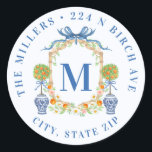 Orange Topiary Chinoiserie Monogram Address Classic Round Sticker<br><div class="desc">This sticker has a preppy grandmillennial design featuring a bamboo crest with orange topiaries in  Chinoiserie pots. You can personalise with your initial,  name and address.</div>