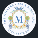 Orange Topiary Chinoiserie Monogram Address Classic Round Sticker<br><div class="desc">This sticker has a preppy grandmillennial design featuring a bamboo crest with orange topiaries in  Chinoiserie pots. You can personalise with your initial,  name and address.</div>