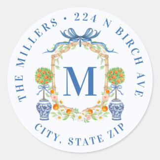 Orange Topiary Chinoiserie Monogram Address Classic Round Sticker