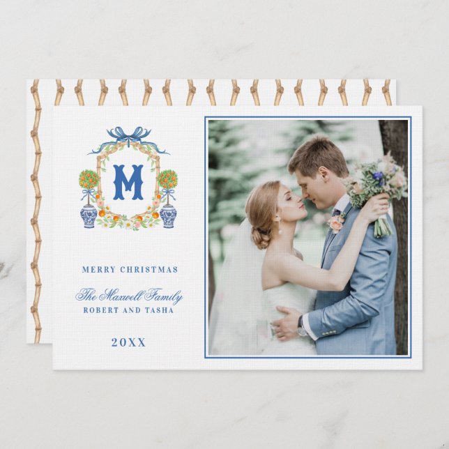 Orange Topiary in Chinoiserie Pot Crest Monogram  Invitation (Front/Back)