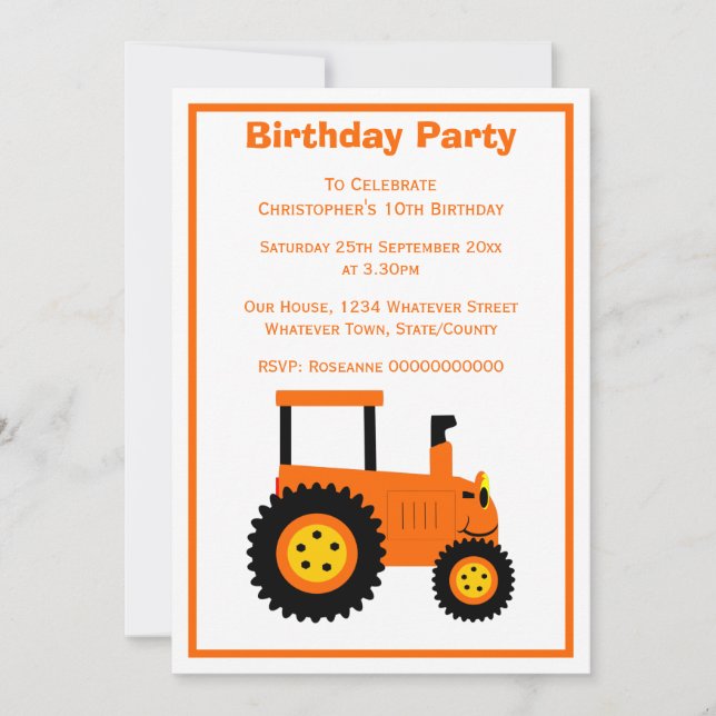 Orange Tractor Design Personalised Birthday Party Invitation (Front)