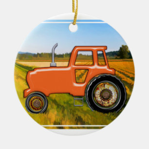 Orange Tractor  in the Fields Ceramic Tree Decoration