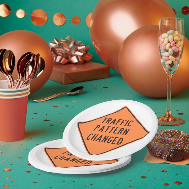Orange Traffic Pattern Changed Road Warning Sign Paper Plate (Creator Uploaded)